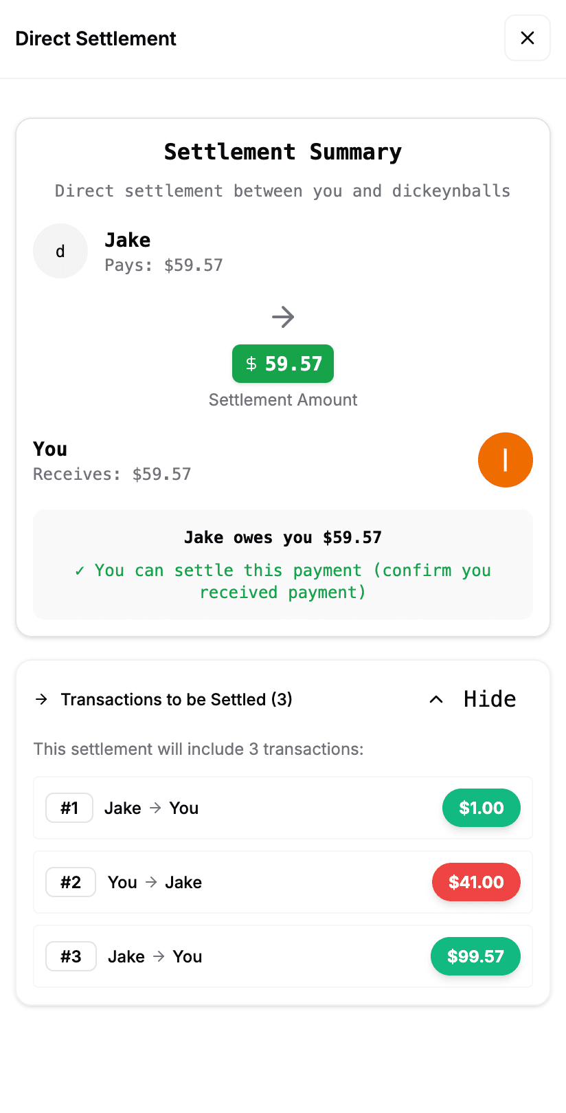 Automated settlement calculation interface