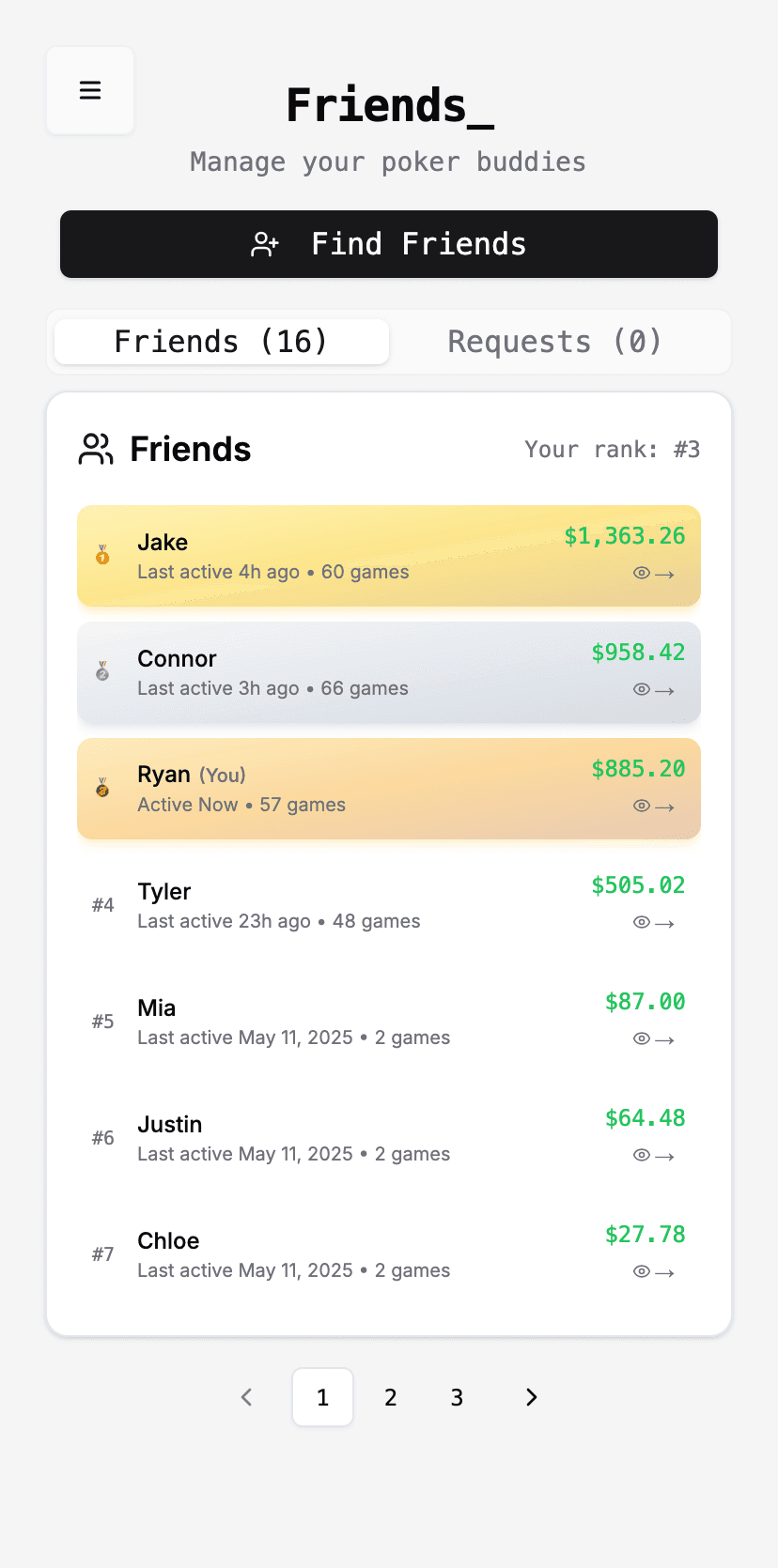 Friends leaderboard and social features